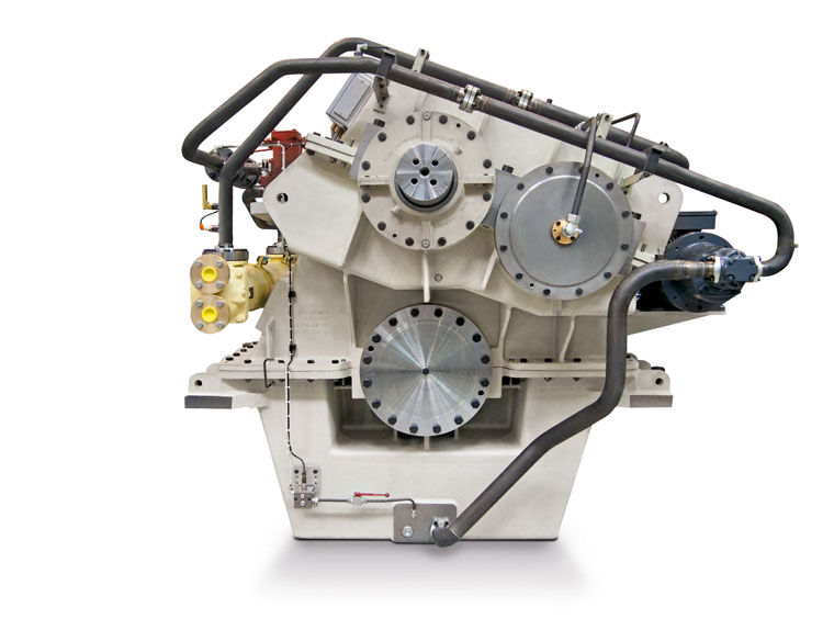 Reintjes marine transmission with ntegrated hydraulic oil plumbing, control valves, and electrical actuation blocks.