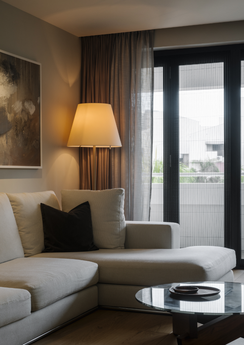 Modern living room corner featuring a light gray sectional sofa with dark throw pillows, a floor lamp, and floor-to-ceiling glass patio doors with dark curtains.