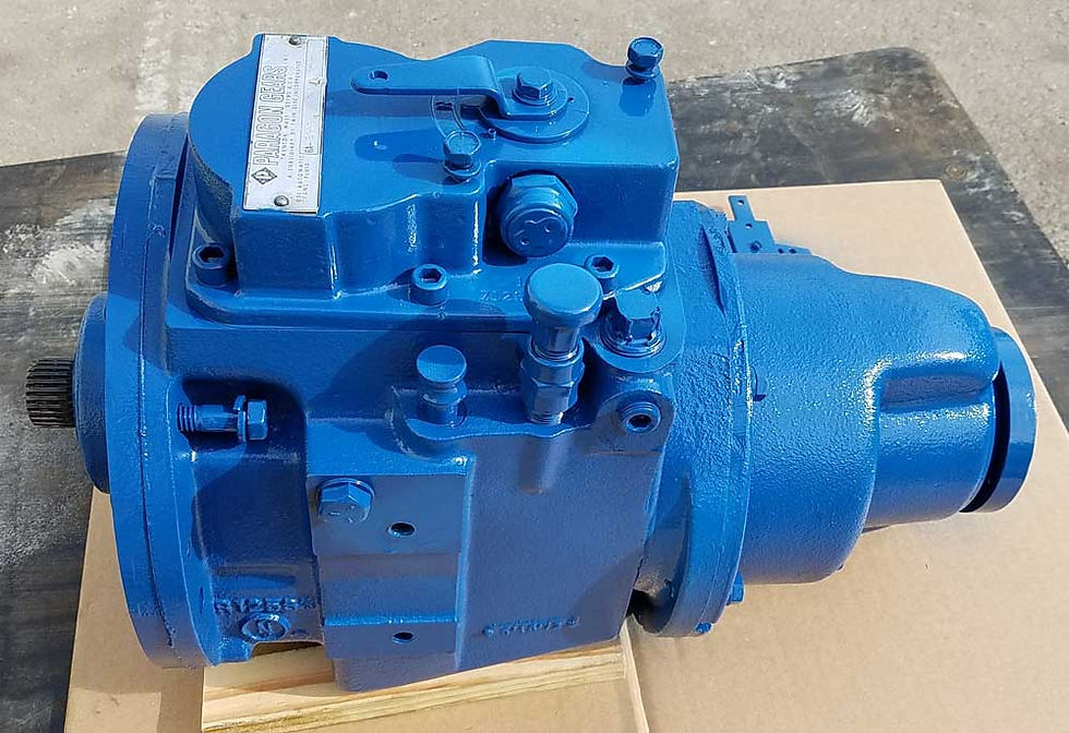 Studio product photograph of a heavy-duty blue-painted Paragon Power mechanical marine transmission assembly highlighting its cast industrial gear housing.