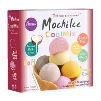 Box of Mochilce CoolMix coconut milk-based mochi ice cream, gluten-free, zero trans-fat, non-dairy.