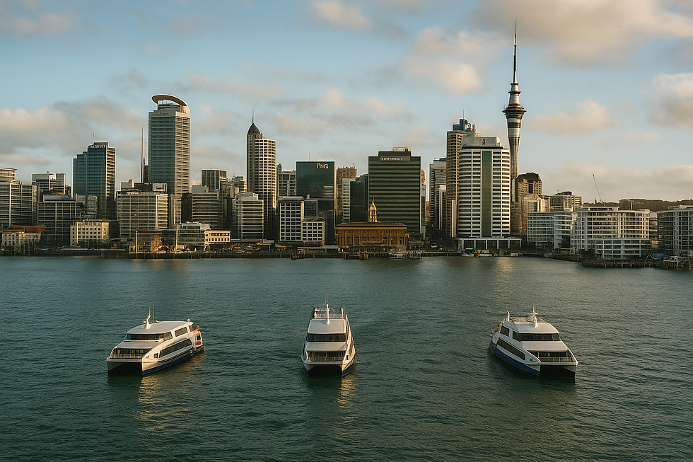Panoramic view of the Auckland city skyline and Sky Tower across the Waitematā Harbour, featuring three commercial passenger ferries operating near the downtown terminal docks.