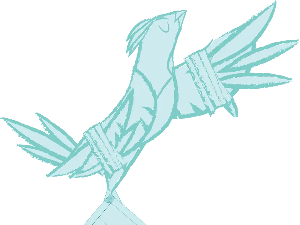 Ilustración de un pájaro azul con el ala vendada, representando la vulnerabilidad y el proceso de sanación.