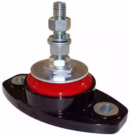 Studio product photograph of a heavy-duty Isoflex Engine Mounts anti-vibration marine engine mount featuring a red color-coded polyurethane damping ring and a threaded leveling stud.