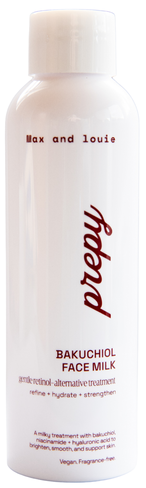 Prepy Bakuchiol Face Milk by Max and Louie, a gentle retinol-alternative serum with Niacinamide and Hyaluronic Acid to brighten, smooth, and hydrate the skin.