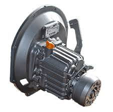 Product photo of a compact silver marine gearbox assembly featuring mechanical actuator levers and output shaft coupling hubs.