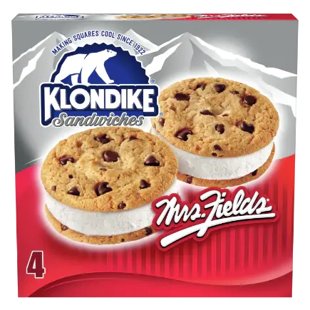 Box of Klondike Mrs. Fields ice cream sandwiches with chocolate chip cookies.