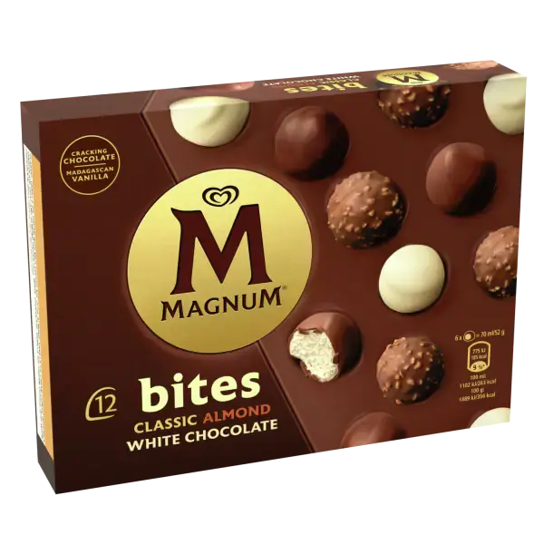 Box of Magnum Bites Classic Almond and White Chocolate ice cream treats.