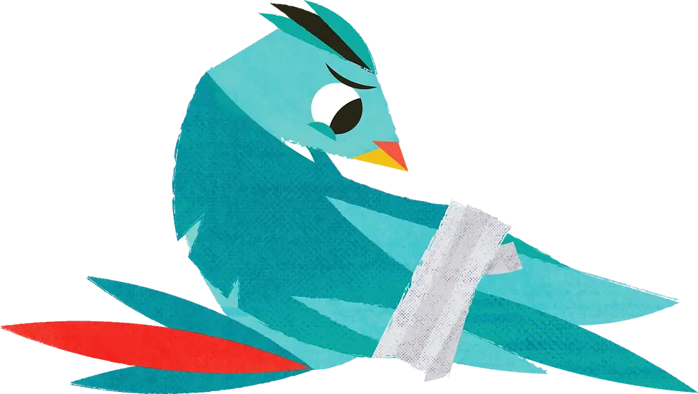 Pájaro azul con ala vendada, símbolo de sanación y cuidado