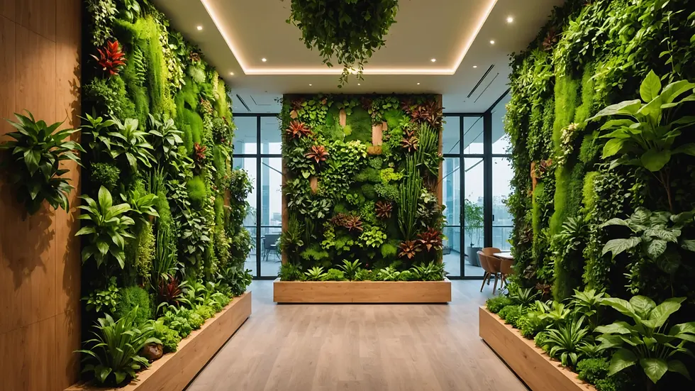Wide angle view of a biophilic design featuring a vertical garden