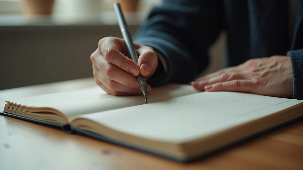 Close-up view of a person writing in a journal