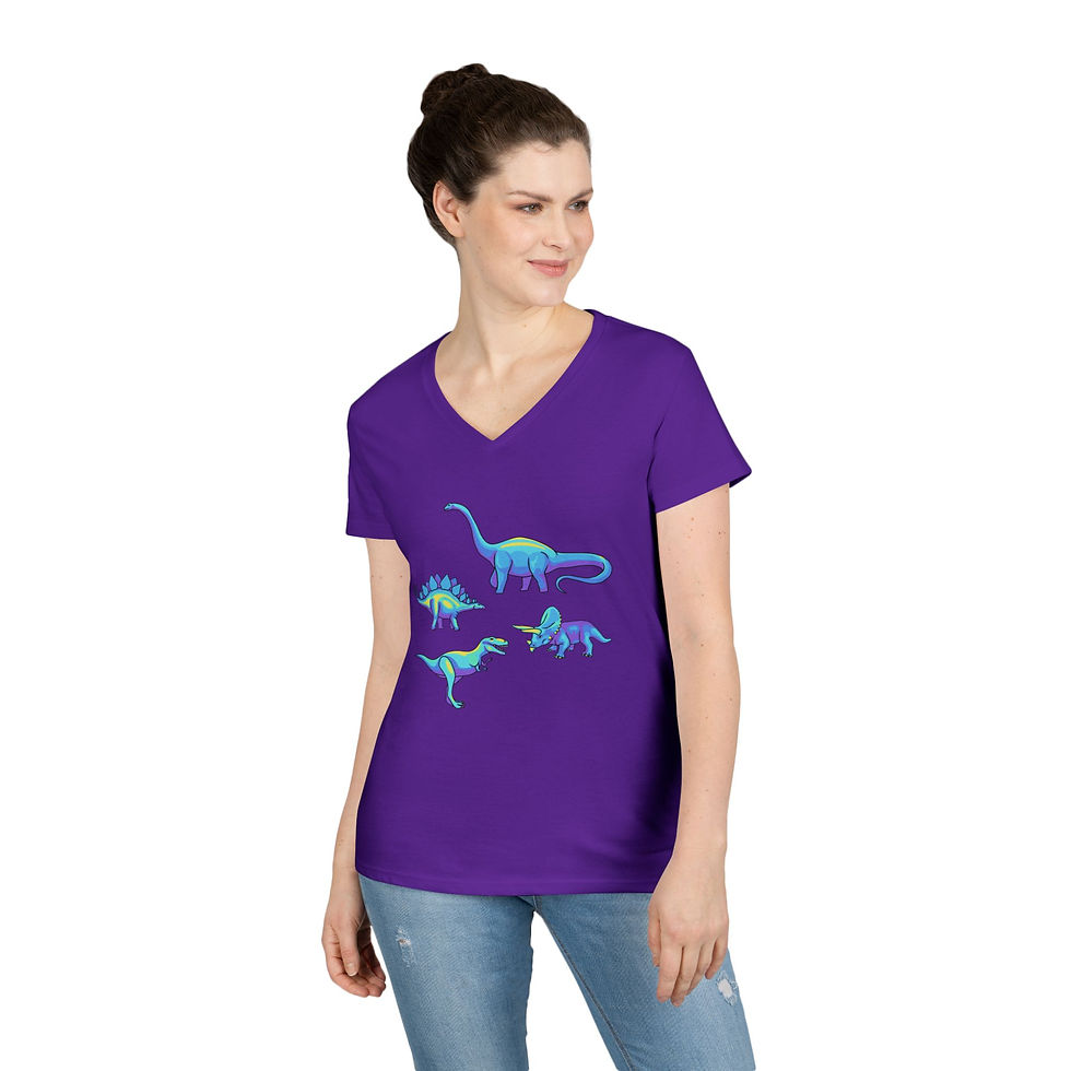 Thumbnail: Ladies' V-Neck T-Shirt — Neon Dinosaur Graphic Tee