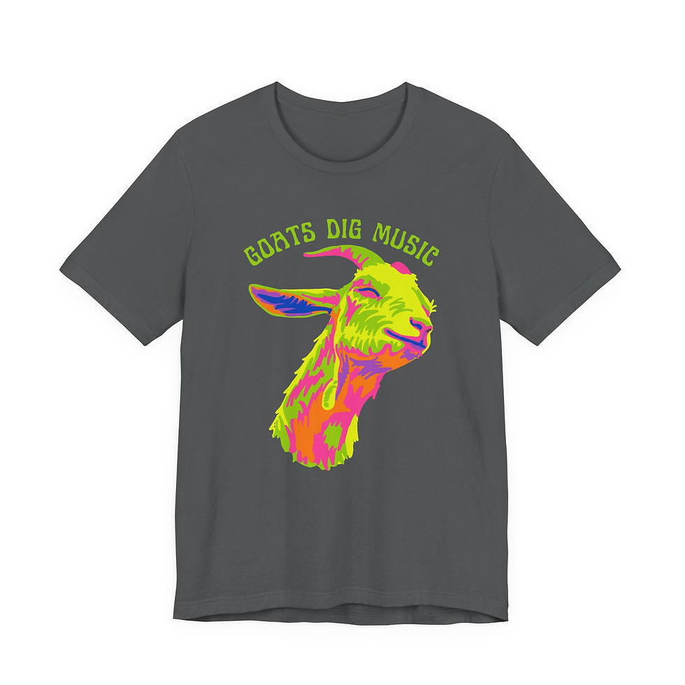 Thumbnail: Goats Dig Music Graphic Tee — Artsy Rainbow Goat Listening to Music