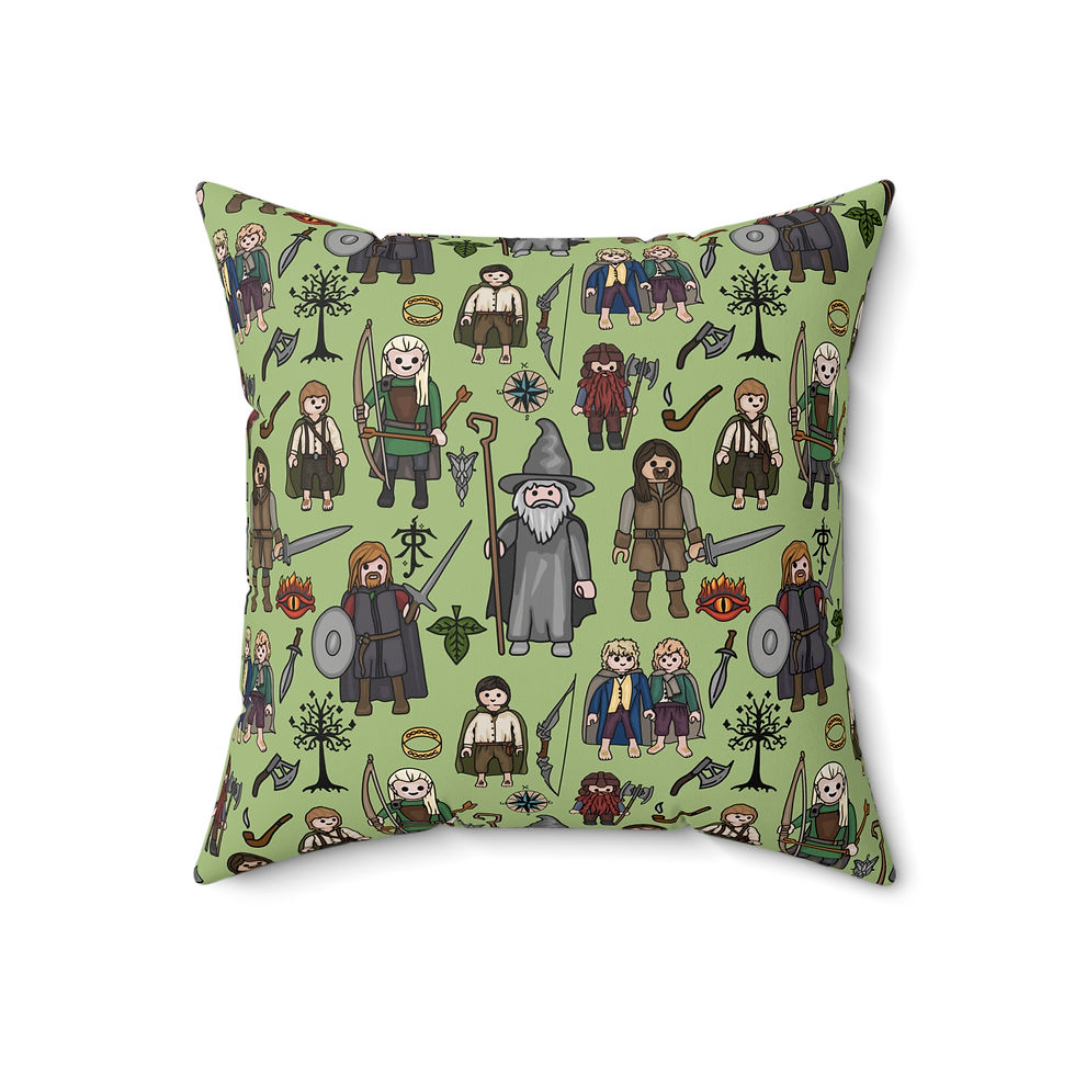 Thumbnail: Fantasy Adventure Square Pillow — Cute Cartoon Middle‑Earth Characters Pattern