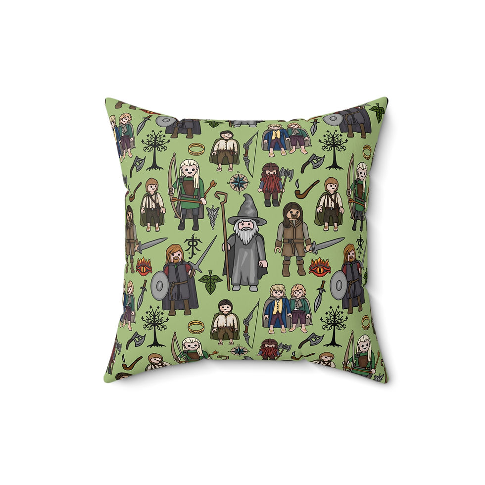 Thumbnail: Fantasy Adventure Square Pillow — Cute Cartoon Middle‑Earth Characters Pattern