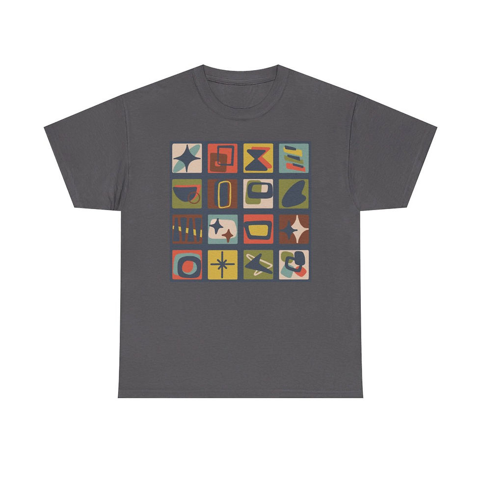 Thumbnail: Mid Century Modern Patches in Muted Jewel Tones Unisex Heavy Cotton Tee