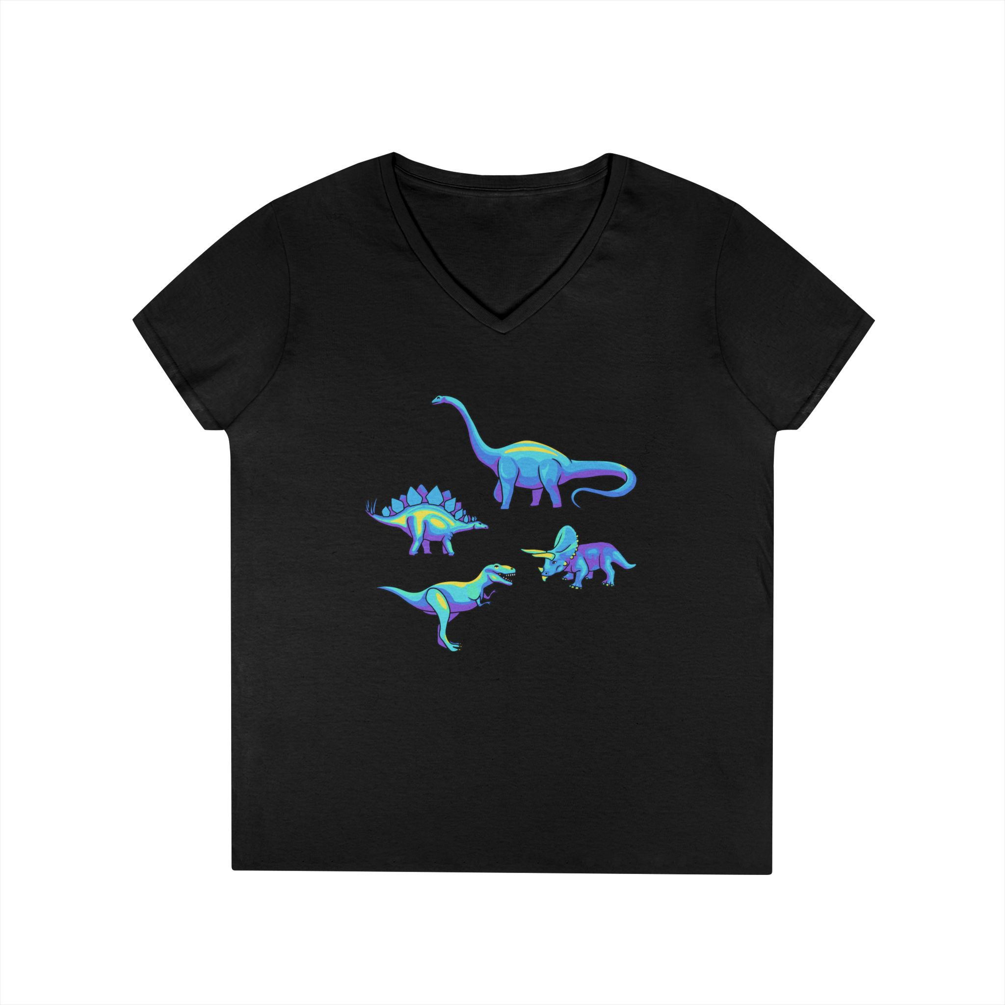 Ladies' V-Neck T-Shirt — Neon Dinosaur Graphic Tee