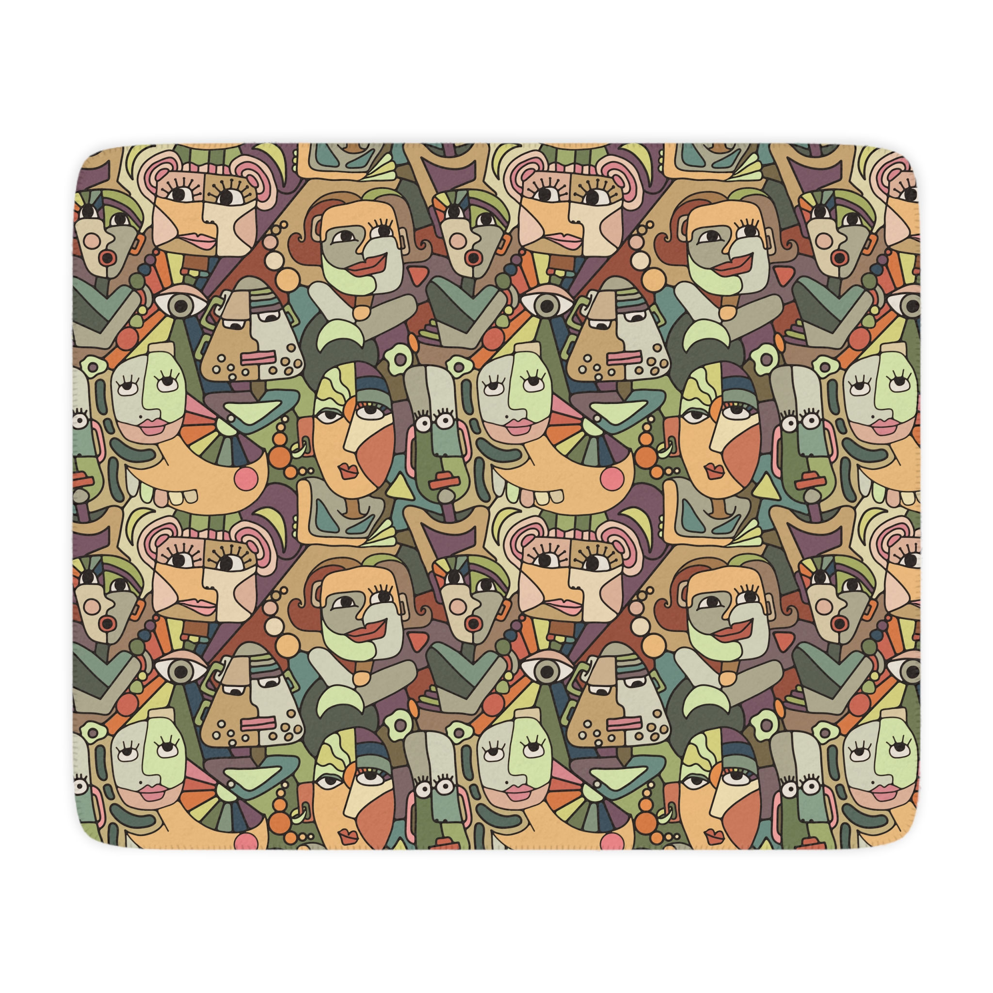 Cubist Faces Tan Sherpa Blanket — Hand-Drawn Colorful Jewel-Tone Art