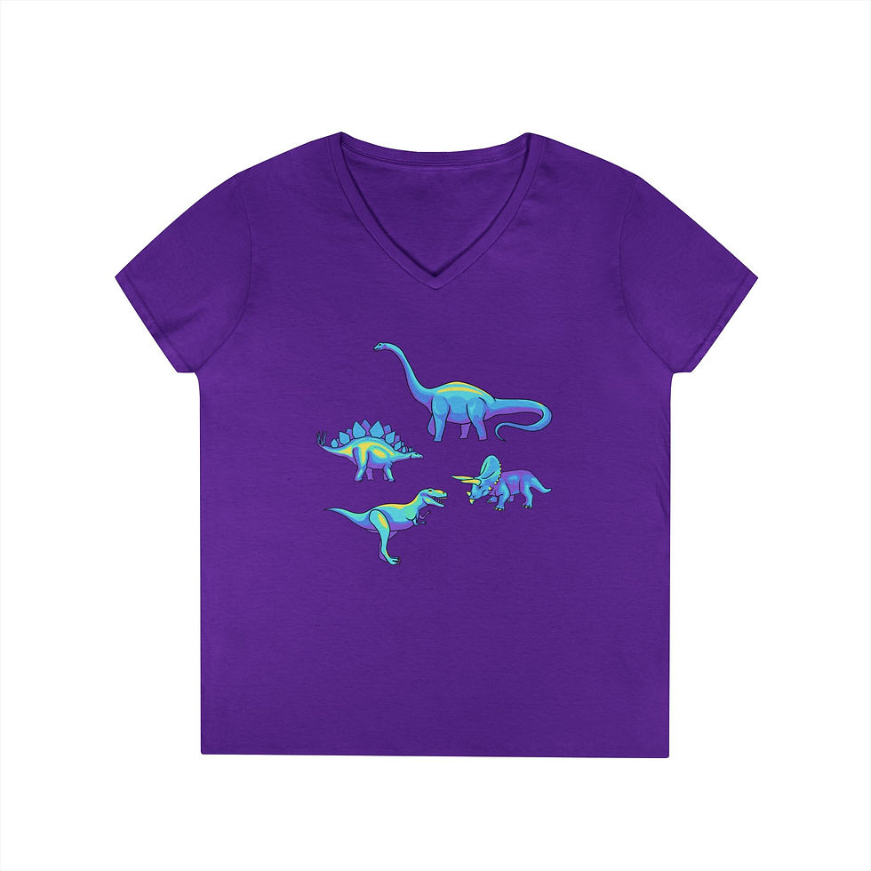 Thumbnail: Ladies' V-Neck T-Shirt — Neon Dinosaur Graphic Tee