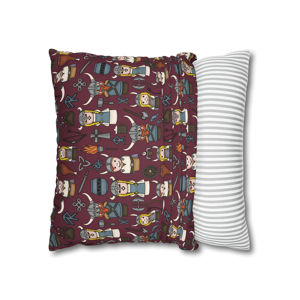 Thumbnail: Little Round Viking Family and Norse Symbols Spun Polyester Square Pillow Case