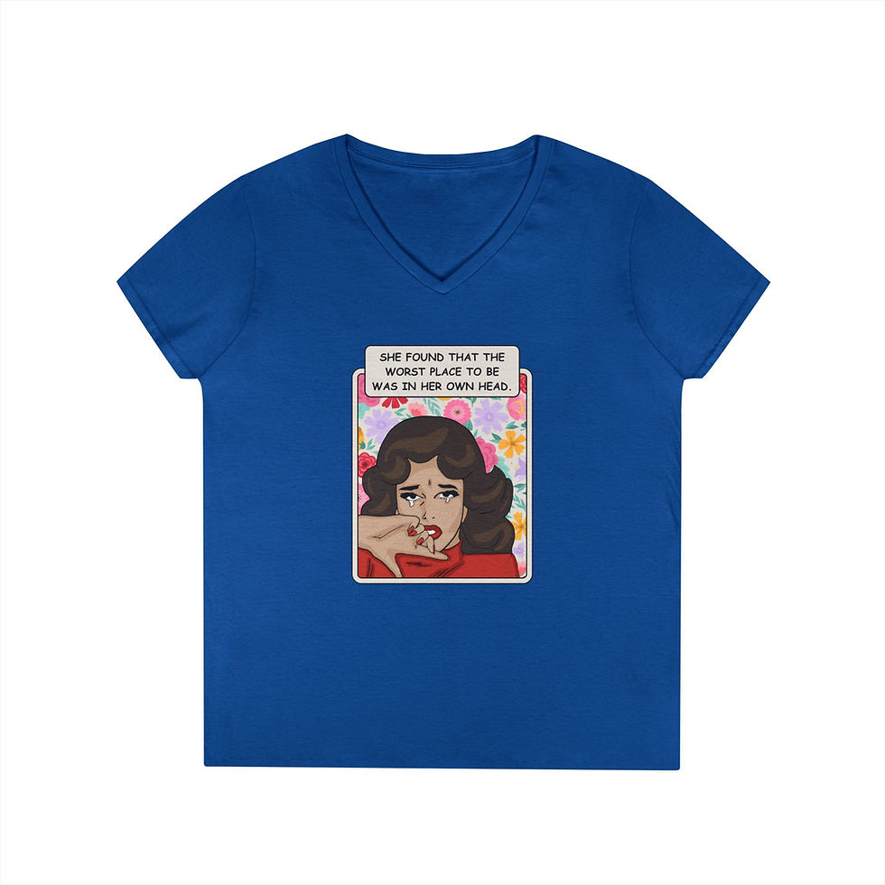 Thumbnail: Comic-Style Crying Woman V-Neck T-Shirt "The Worst Place to Be..."