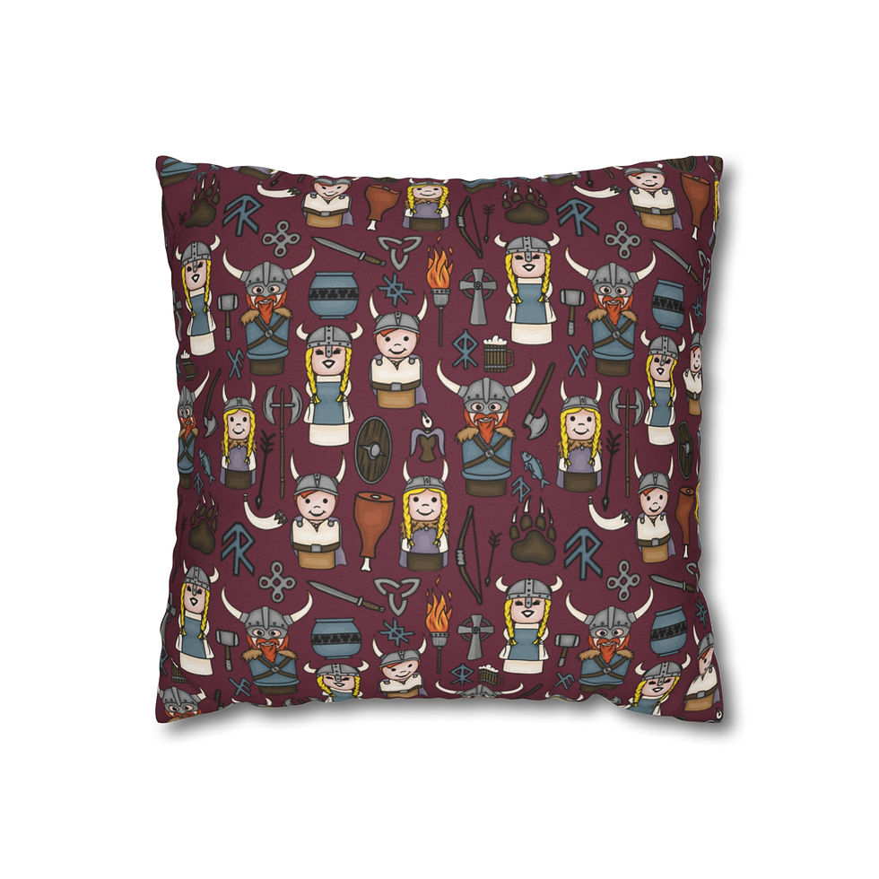 Thumbnail: Little Round Viking Family and Norse Symbols Spun Polyester Square Pillow Case