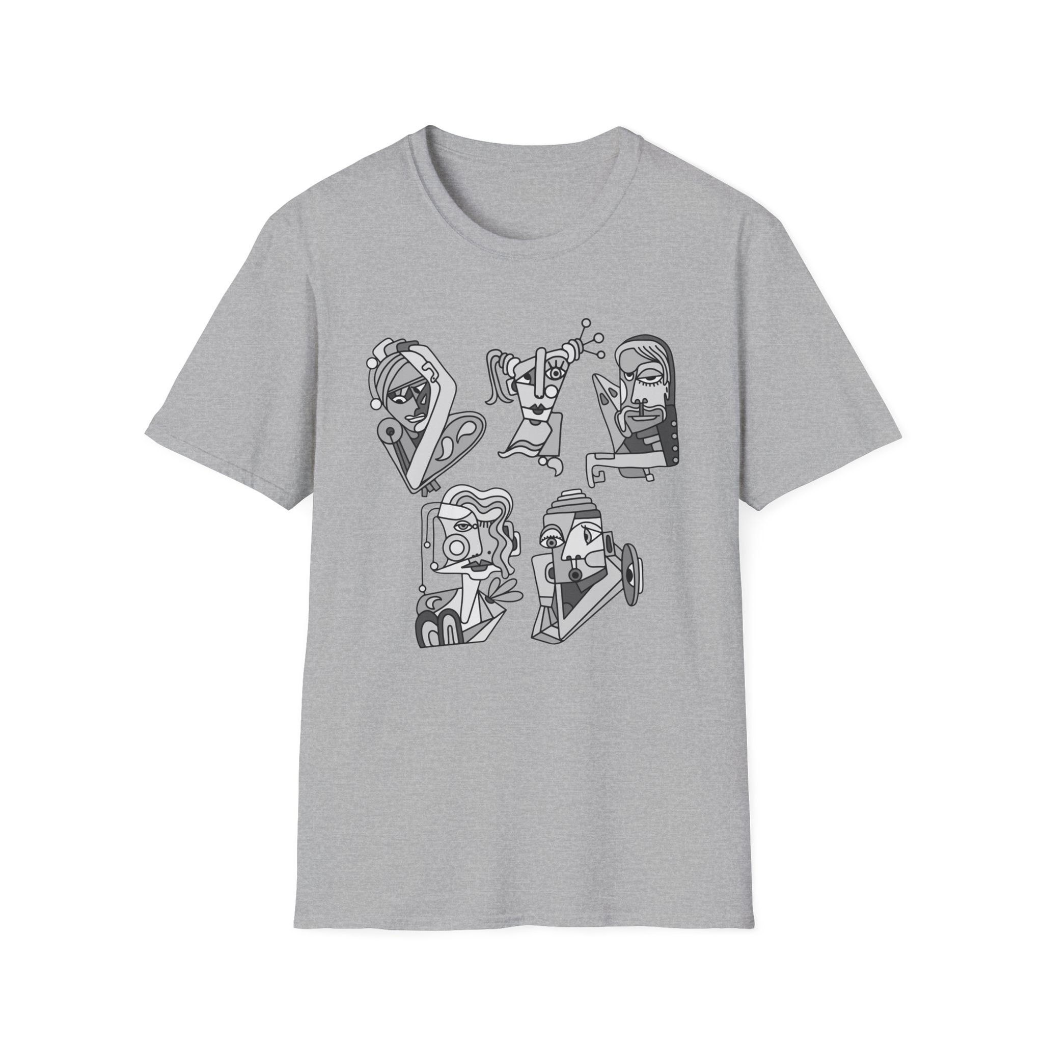 Cubist Picasso Style Faces In Shades of Gray Unisex Softstyle T-Shirt