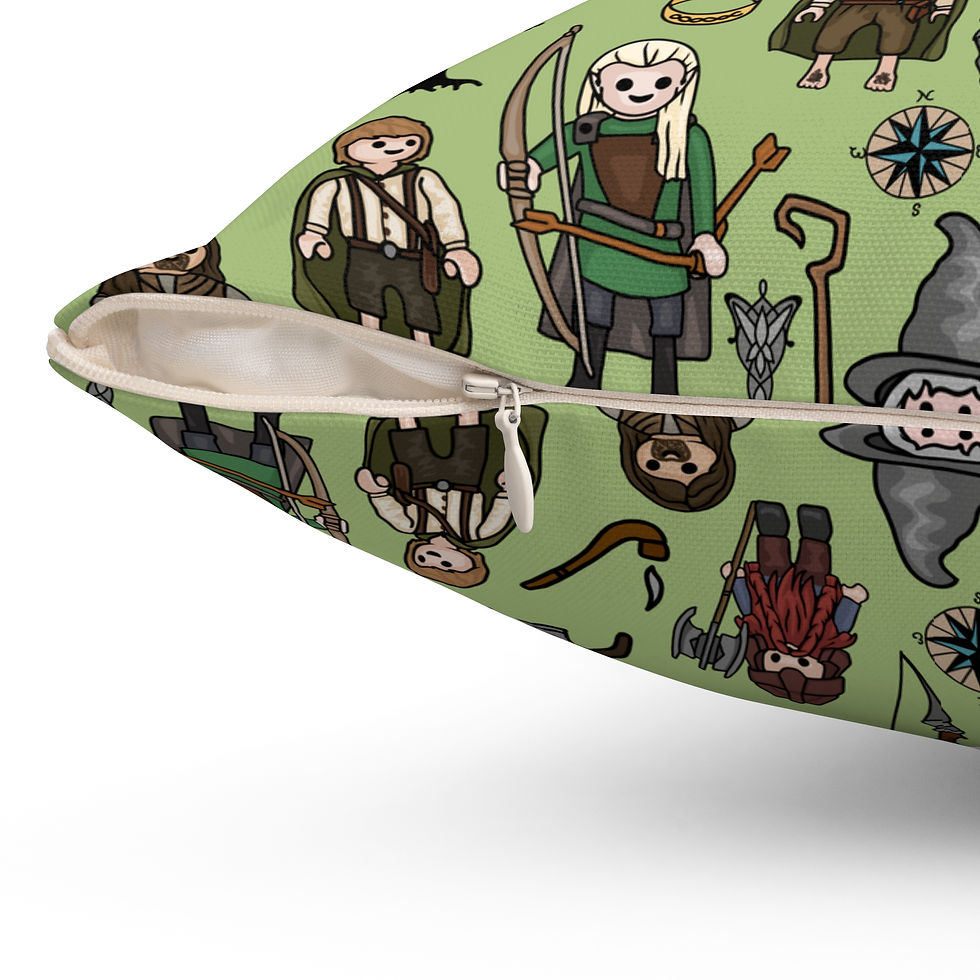 Thumbnail: Fantasy Adventure Square Pillow — Cute Cartoon Middle‑Earth Characters Pattern