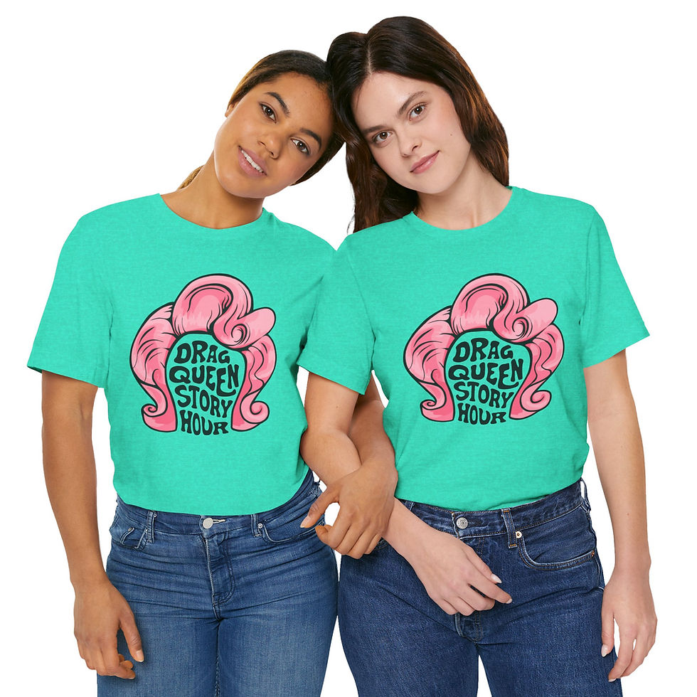 Thumbnail: Drag Queen Story Hour large pink wig with QR on back Unisex Short Sleeve Tee