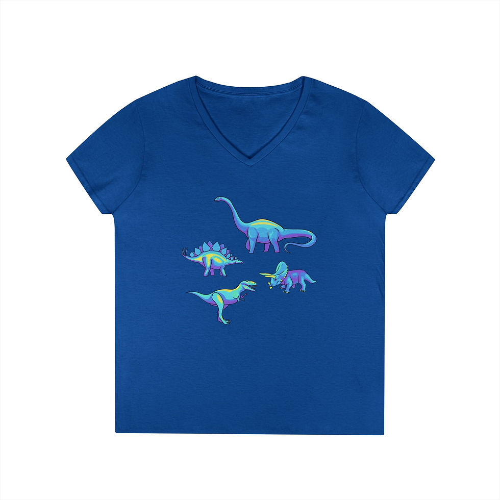 Thumbnail: Ladies' V-Neck T-Shirt — Neon Dinosaur Graphic Tee