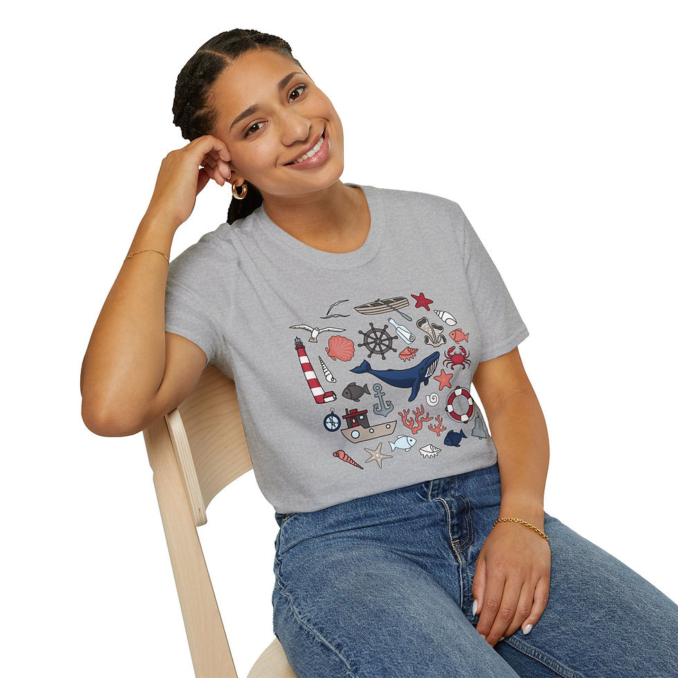 Thumbnail: Cute Nautical T-Shirt — Whale, Boat & Seashell Collage