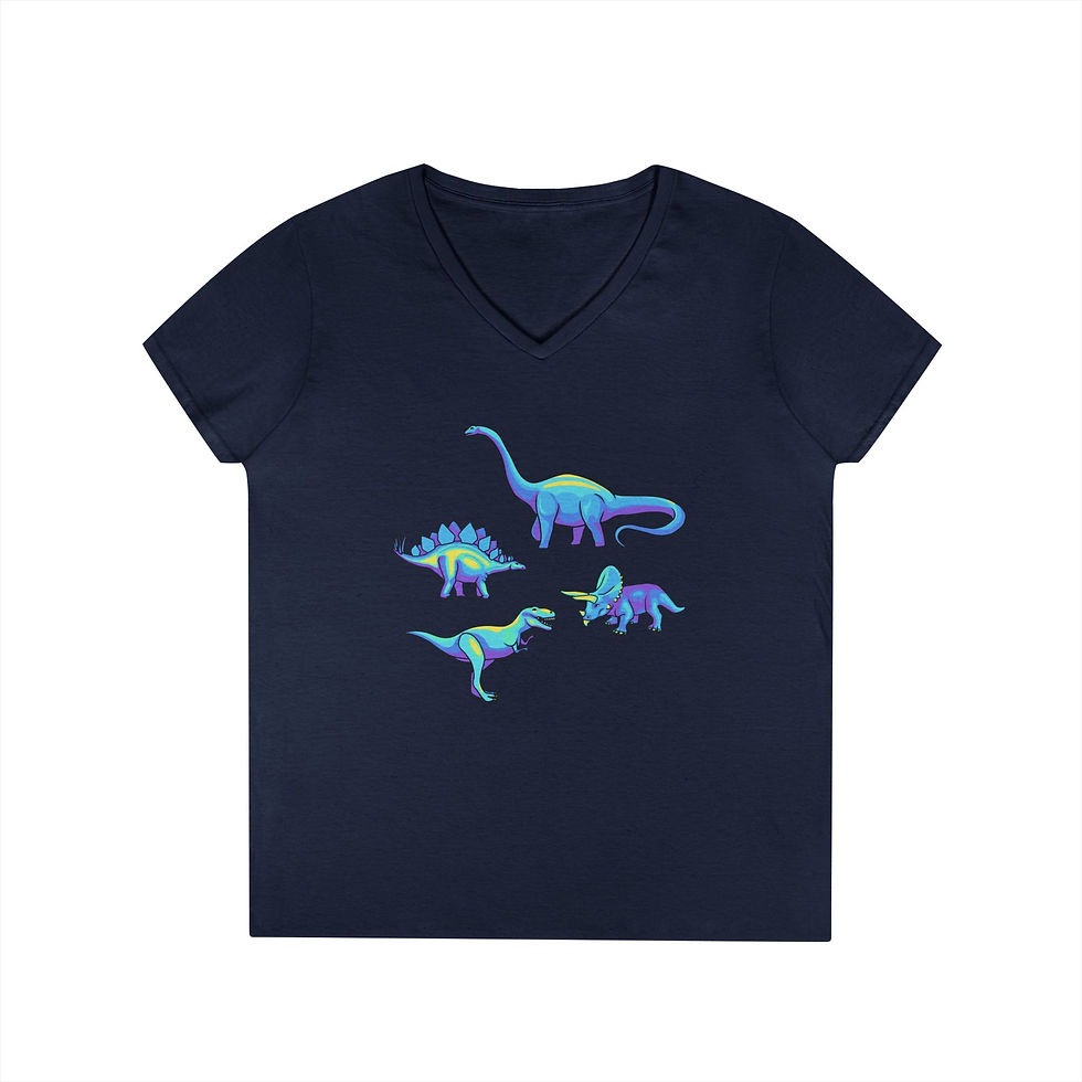 Thumbnail: Ladies' V-Neck T-Shirt — Neon Dinosaur Graphic Tee