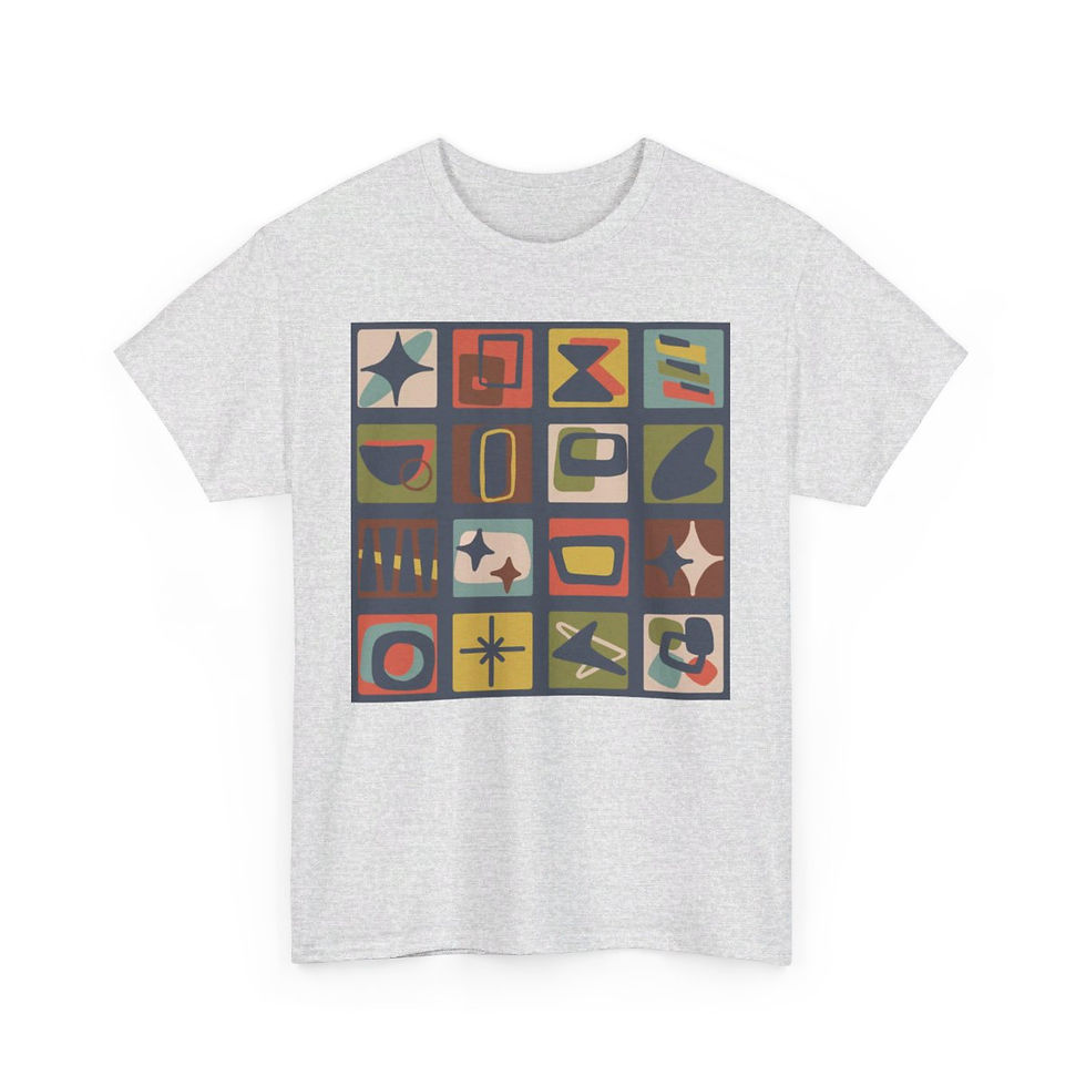 Thumbnail: Mid Century Modern Patches in Muted Jewel Tones Unisex Heavy Cotton Tee