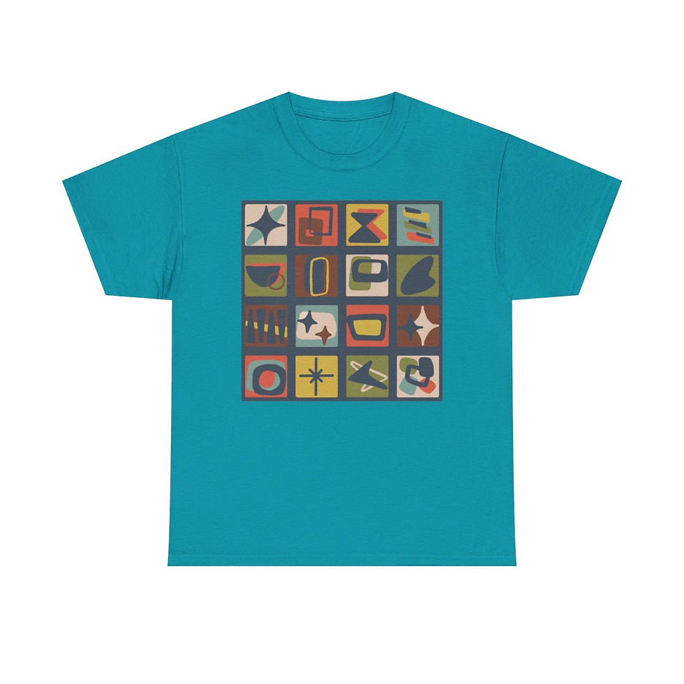 Thumbnail: Mid Century Modern Patches in Muted Jewel Tones Unisex Heavy Cotton Tee