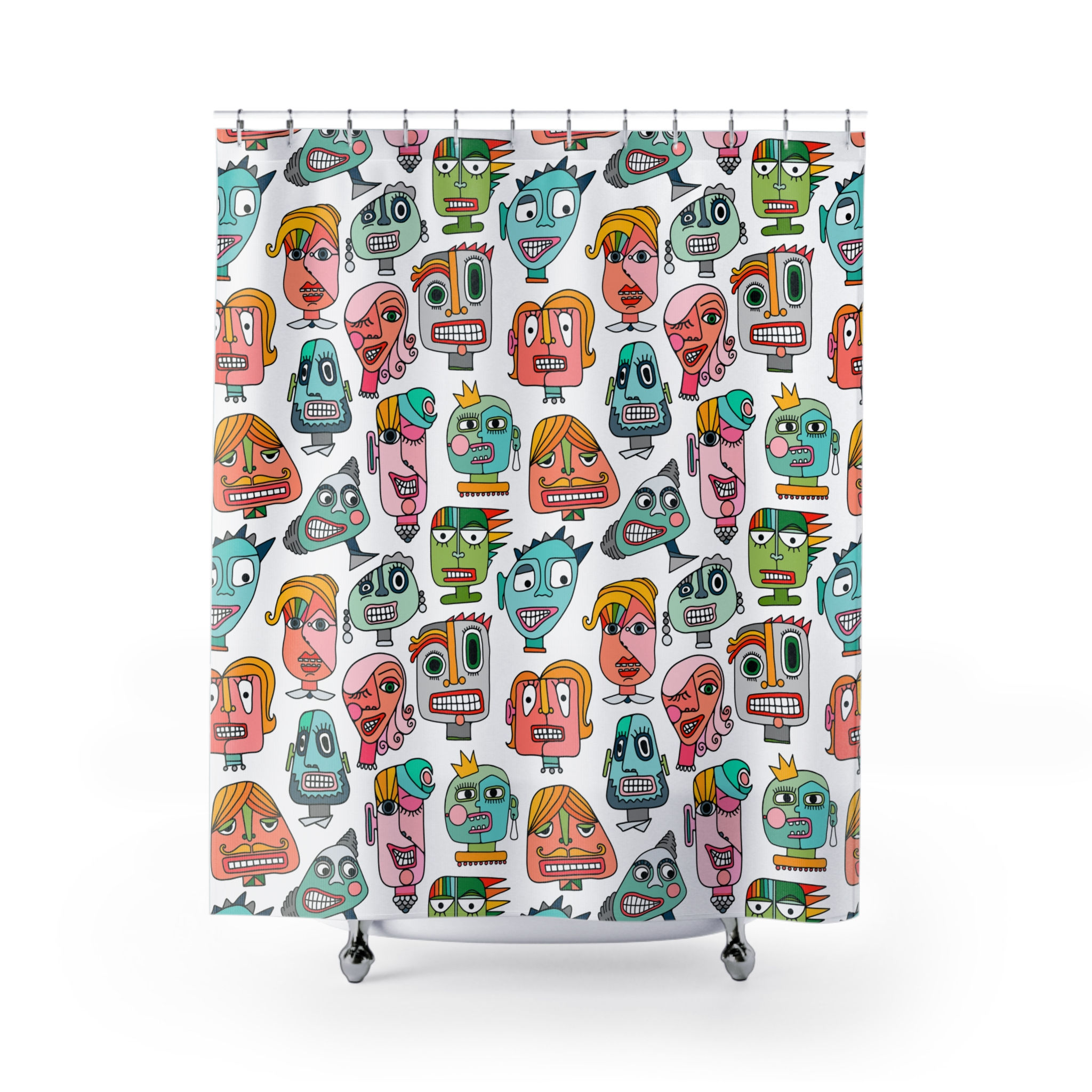 Colorful Silly Faces Shower Curtain – Cheeky Hand-Drawn Art Sketches