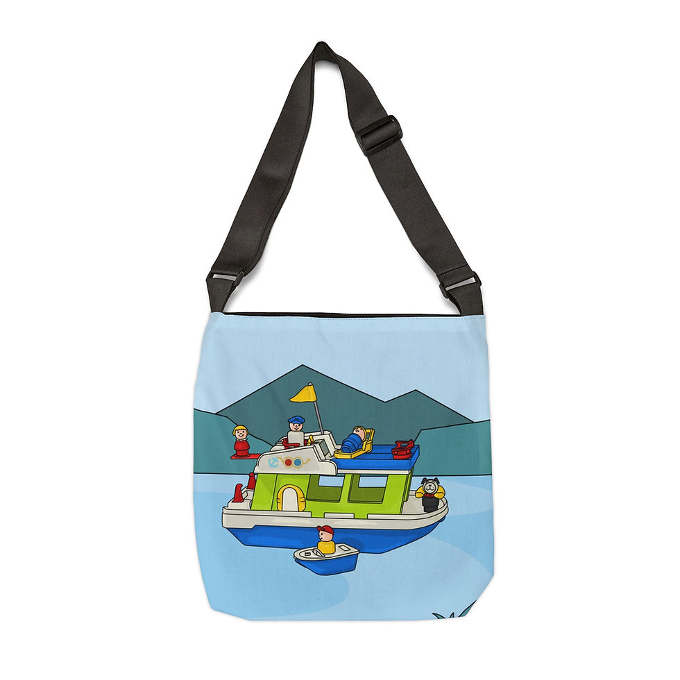 Thumbnail: Houseboat Tote Bag — Little People Drawing Adjustable All-Over Print Tote