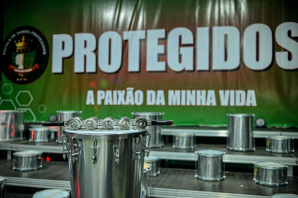 Foto com vários instrumentos de percussão no tablado da quadra da escola e ao fundo, um grande banner verde com o texto "PROTEGIDOS - A PAIXÃO DA MINHA VIDA".