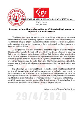 Statement on Investigation Committee for WHO car incident formed by Myanmar Presidential Office
