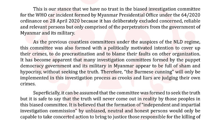 Statement on Investigation Committee for WHO car incident formed by Myanmar Presidential Office