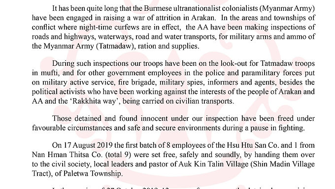 Statement on the release of the batch of detainees who are not related tothe Burmesemilitaryservices