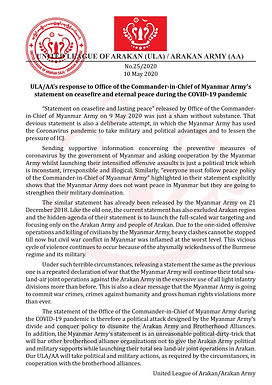 ULA/AA's response to Myanmar Army's statement on ceasefire and eternal peace during the COVID-19