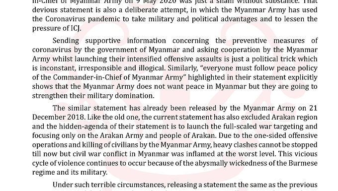 ULA/AA's response to Myanmar Army's statement on ceasefire and eternal peace during the COVID-19