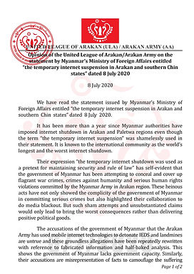 Opinion of the ULA/AA on the statement by Myanmar’s Ministry of Foreign Affairs