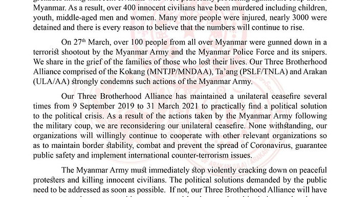 Statement on the ongoing internal conflicts in Myanmar after the military coup