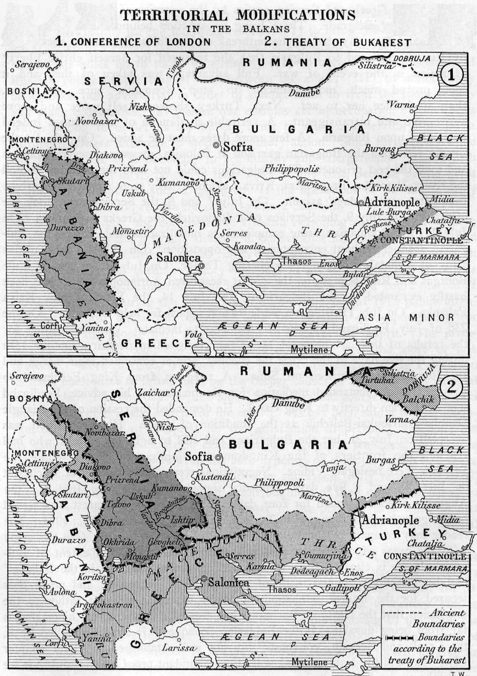 Bükreş Antlaşması sonrası Balkan devletlerinin sınırları (aşağıda)