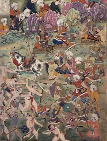 Muharebeyi tasvir eden bir Babür minyatürü