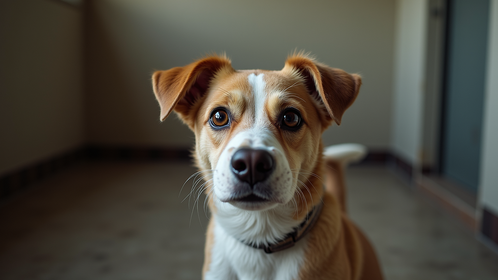 Eye-level view of a rescue dog looking hopeful in a shelter