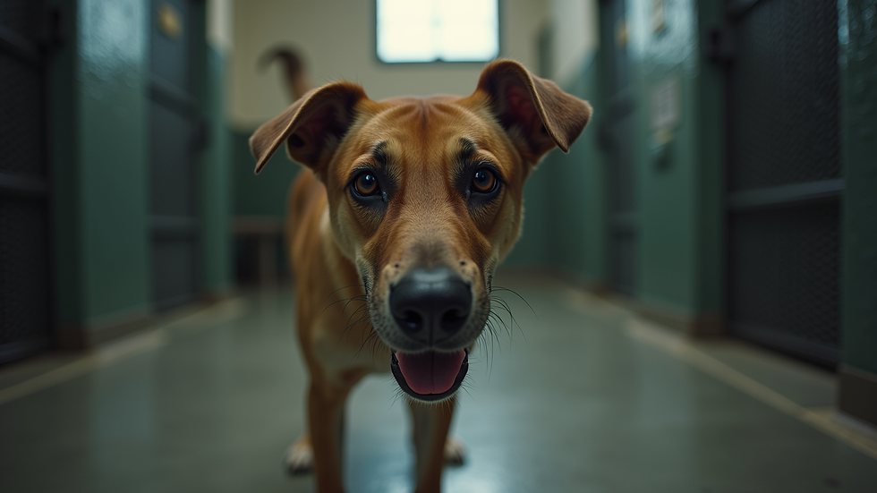 Eye-level view of a distressed dog in a shelter
