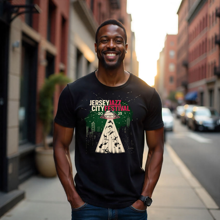 man wearing jersey city jazz festival 2025 T shirt