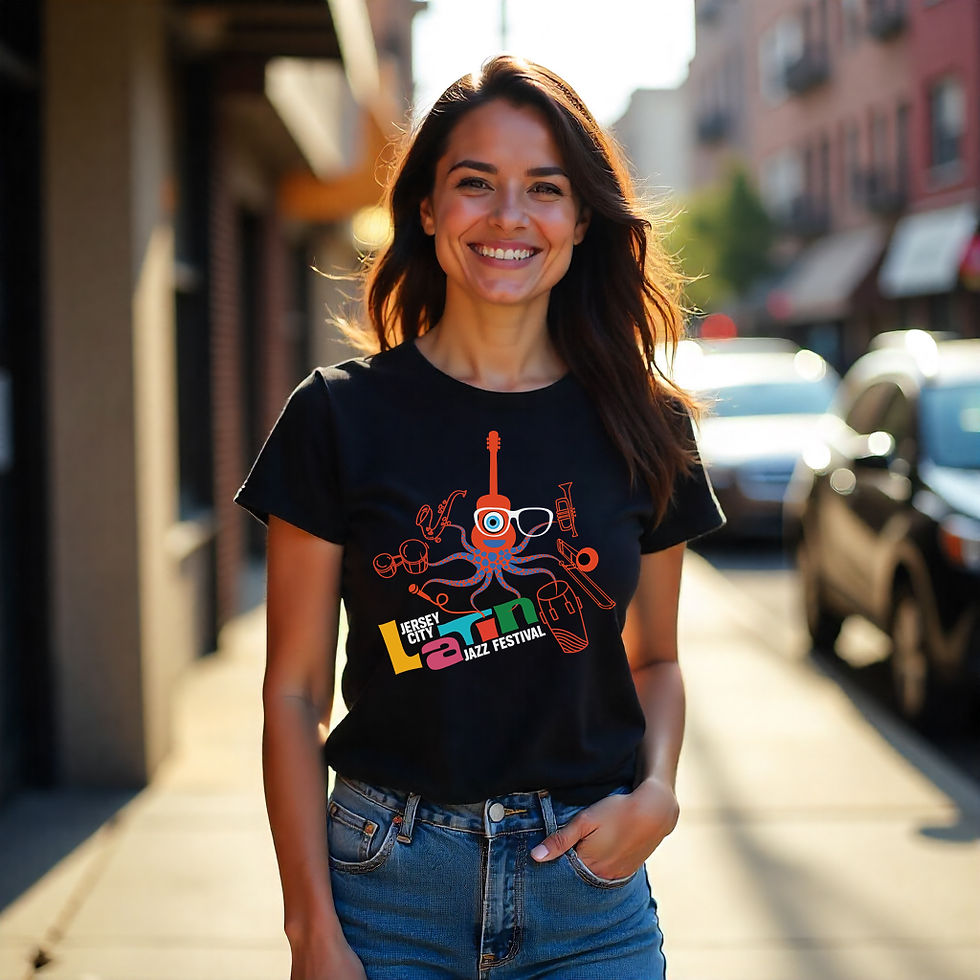 woman showing the front of the Jersey City Latin Jazz Festival 2025 T shirt
