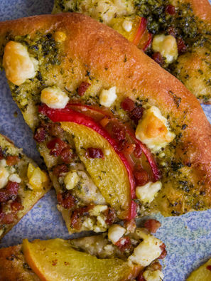 Pancetta, Peach, Pesto Pizza